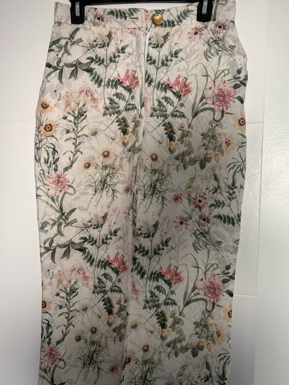 Floral Print Linen Pants- Cream with Green & Pink Botanical Pattern